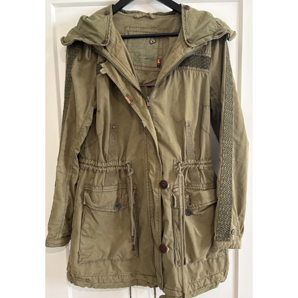 Khujo INILA Women Utility Parka Jacket Size L Olive Green Boho Crochet Sleeve